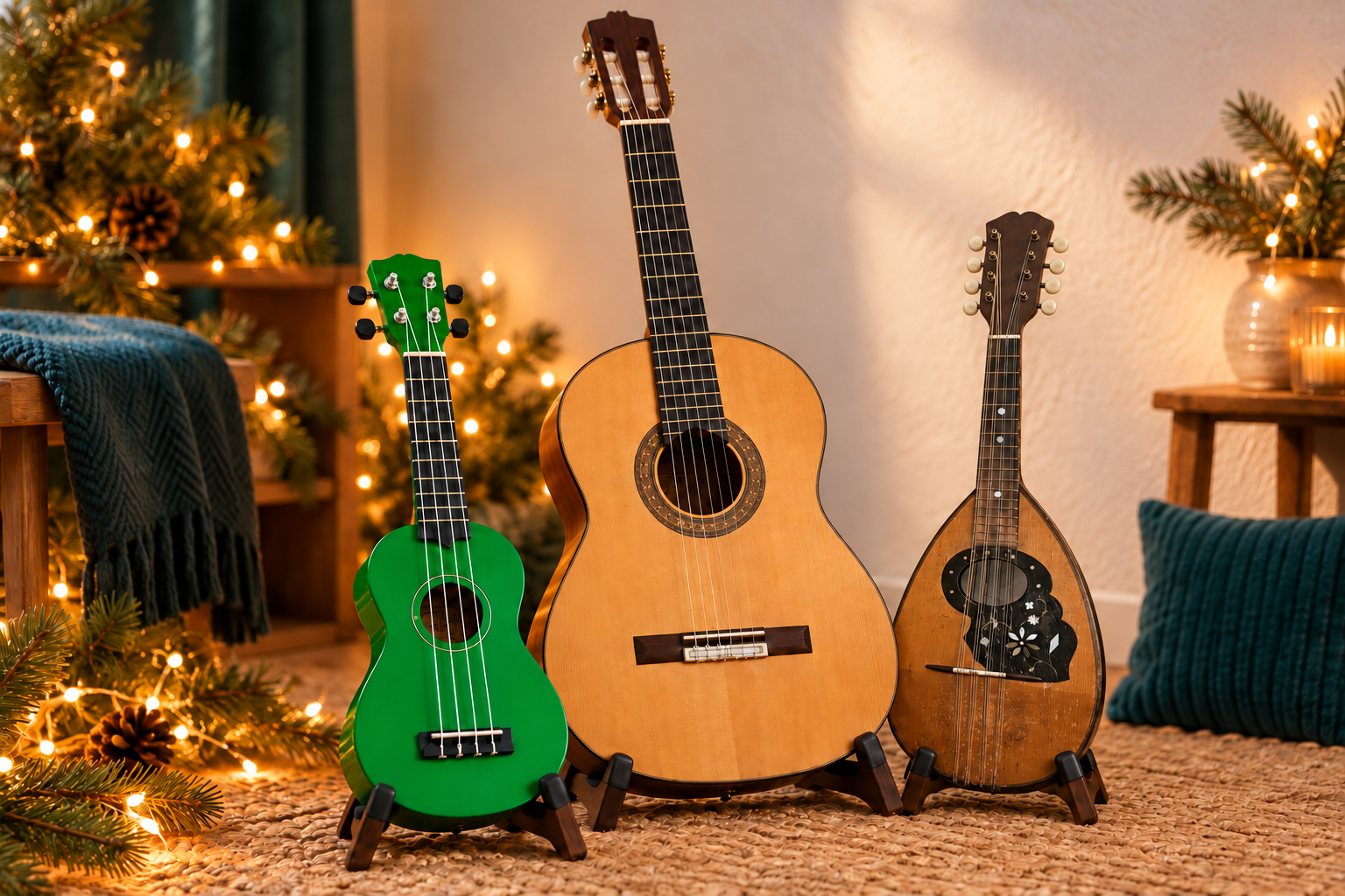 Weihnachtsdeko mit Ukulele, Gitarre und Mandoline
