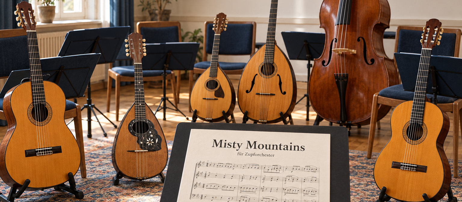 Zupfinstrumente, Kontrabass und Notenpult mit Misty Mountains für Zupforchester