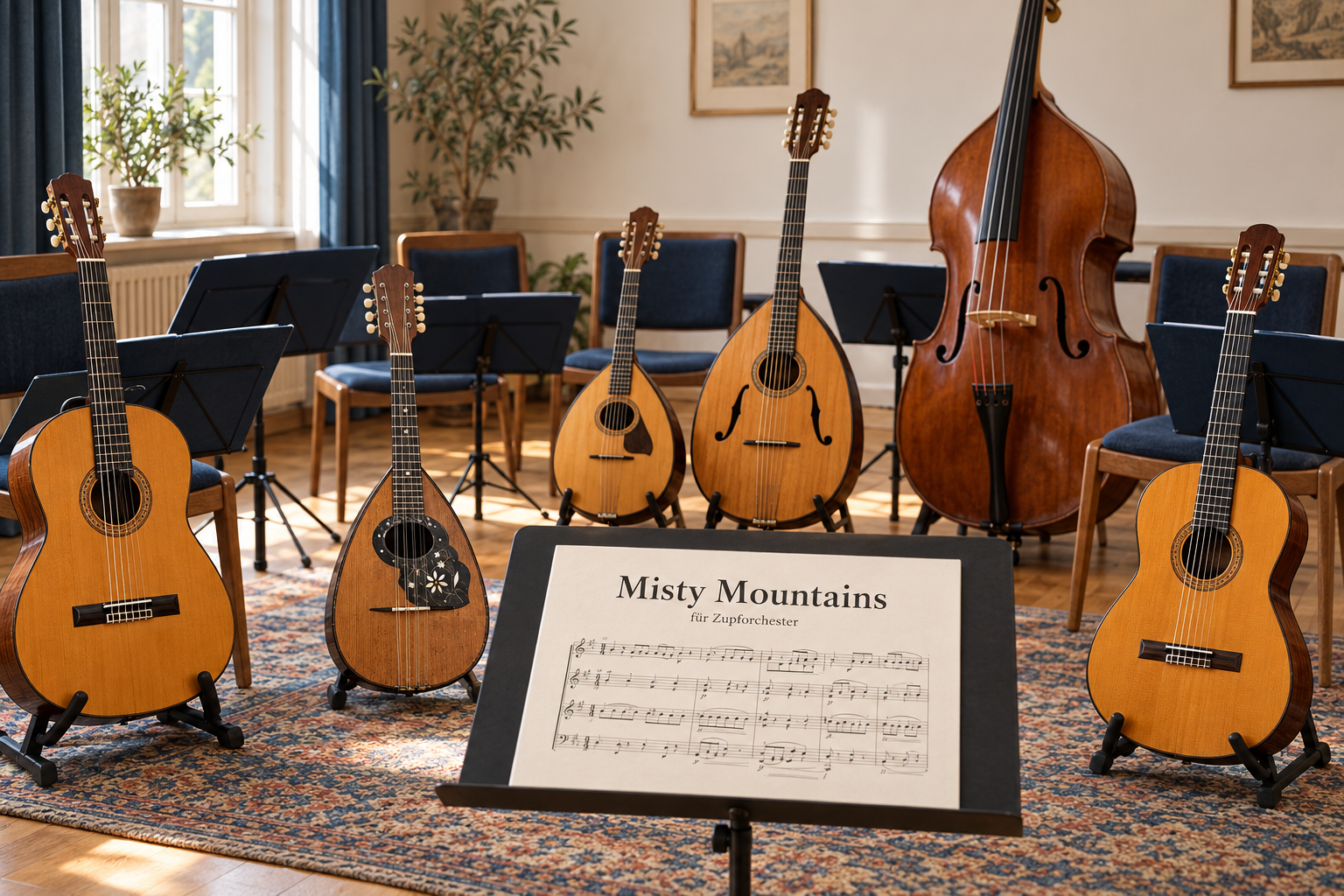 Zupfinstrumente, Kontrabass und Notenpult mit Misty Mountains für Zupforchester