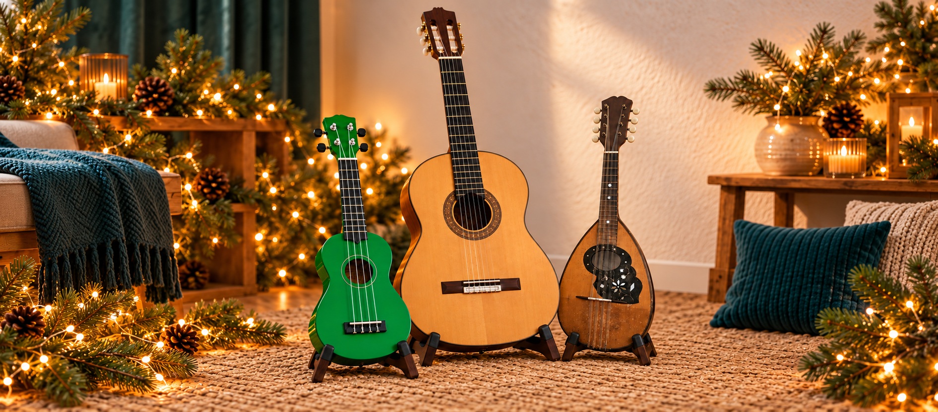 Grüne Ukulele, klassische Gitarre und Mandoline vor weihnachtlicher Beleuchtung